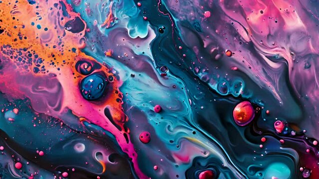Colorful flowing liquid paint abstract background with bubbles