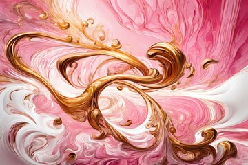 An abstract world with golden swirls gracefully dancing on a pink and white liquid canvas. 
