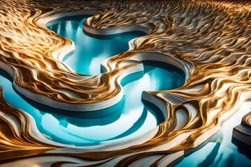 A golden river winding through an abstract landscape of liquid blue and white. -