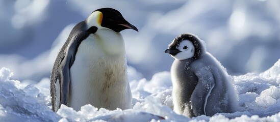 Two nearby Emperor Penguin offspring - obrazy, fototapety, plakaty