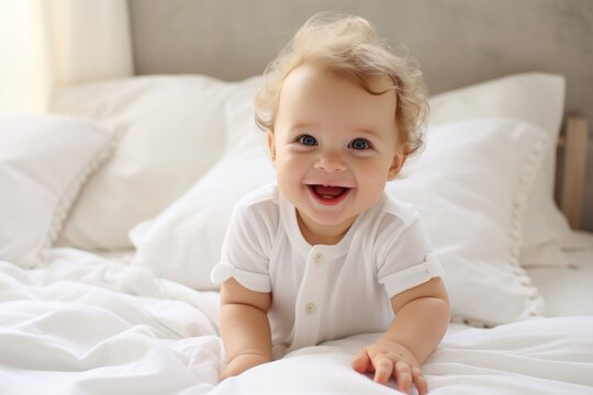 Generative AI image of a baby smiling looking at camera, laying on white bed on white bed