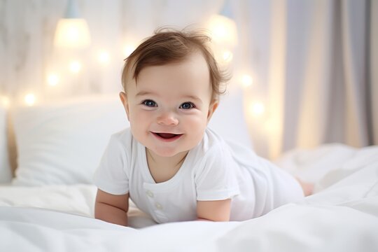 Generative AI image of a baby smiling looking at camera, laying on white bed on white bed