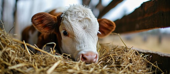 Close-up of adorable calf eating hay on beef farm.