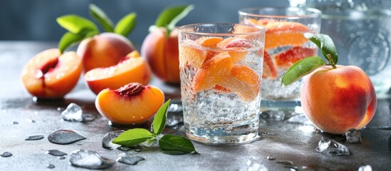 Peach fruits and soda water on white table. - obrazy, fototapety, plakaty