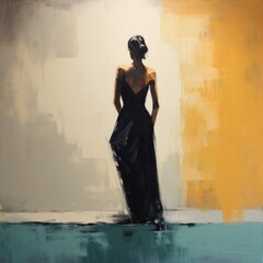 Generative AI image of Abstract painting of a woman looking forward standing with a dress. Looking ahead