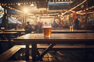 Generative AI image of a wooden table on table at an Oktoberfest festival