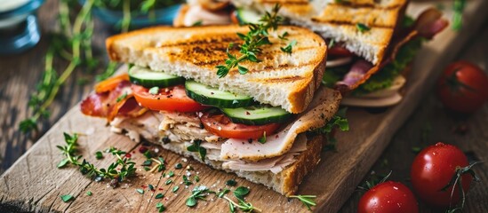 Chicken, bacon, tomato, cucumber and herbs on a club sandwich. Top view.