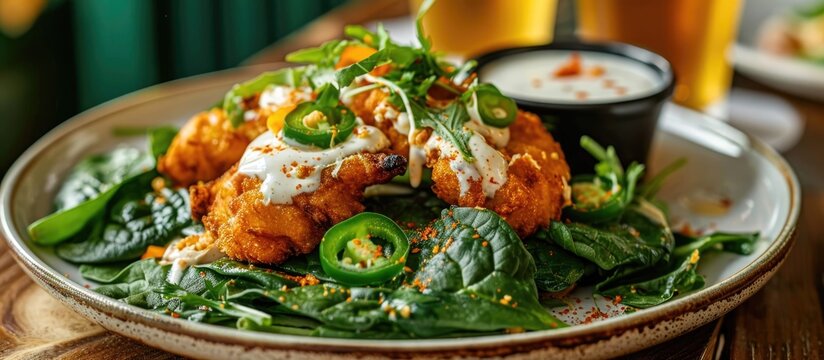 Spinach leaves topped with bhajis, cream cheese dip, jalapenos, and crunchy toast, served with Czech beer.