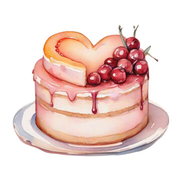 Watercolor Valentine's Day Cake Clipart - Sweet Bakery Menu and Logo Decorations - Romantic Dessert Illustrations for Digital Design