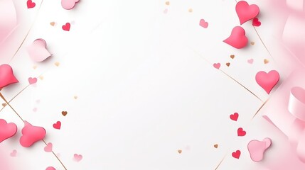 Confetti decoration Valentine's heart petals falling on white background. Heart shaped confetti flower petals for Women's Day. Used for templates or backgrounds, banners.
