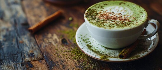 Matcha latte or green tea in white cup with saucer, topped with cinnamon and syrup.