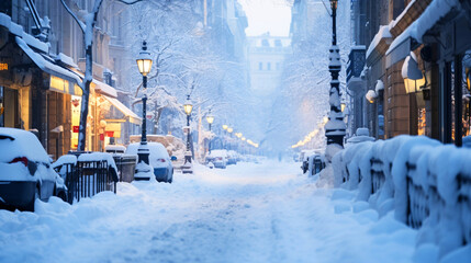 冬の都市、雪の街の風景 - obrazy, fototapety, plakaty