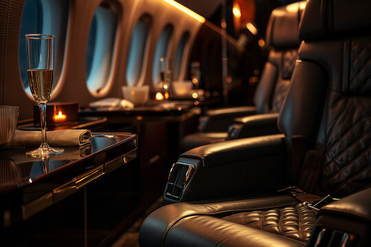 premium travel in first-class cabin, comfort, champagne, and panoramic views
