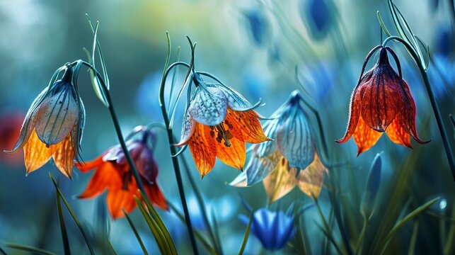 Spring fritillaries on a gradient from orange to pale blue, mimicking an HD camera