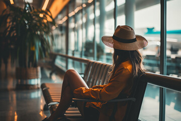 Woman enjoying waiting time in the airport while relaxing on a bench