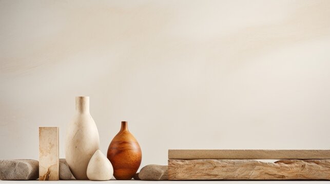 Generative AI image of a copy space banner of stones, still life, minimal, cognac, travertine