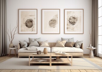 Generative AI image of a beige living room with framed posters