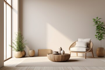 3d interior of neutral living room with natural plants and an empty wooden stool - obrazy, fototapety, plakaty