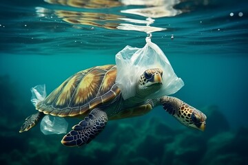 Generative AI image of turtle swimming with plastic bag