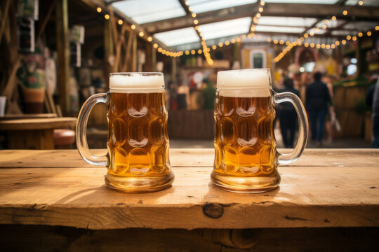 Generative AI image of two mugs of beer on a table, in a wooden open beer festival