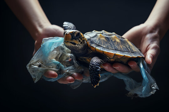 Generative AI image of turtle swimming with plastic bag