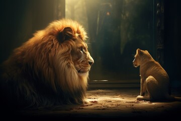 Generative AI image of the cat is looking at the lion in the mirror