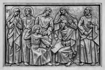 The Finding of Jesus in the Temple – Fifth Joyous Mystery. A relief sculpture in the Basilica of...