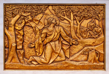 The Agony in the Garden – First Sorrowful Mystery. A relief sculpture in the Basilica of Our Lady...