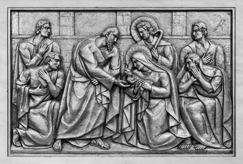 The Presentation of Jesus in the Temple – Fourth Joyful Mystery. A relief sculpture in the Basilica of Our Lady of the Rosary of Fatima. 10 Aug 2023.