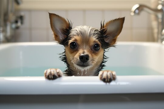 Generative AI image of small dog sits in bathtub