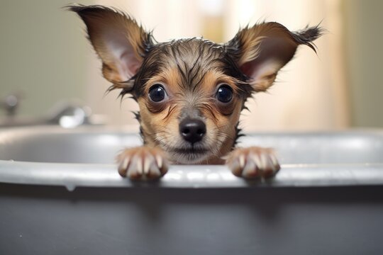 Generative AI image of small dog sits in bathtub