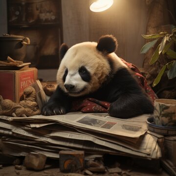 Generative AI image of sleeping panda in Pixar style and a newspaper lying next to it, photo on a beige background