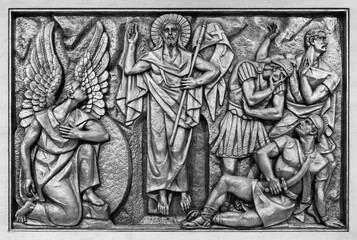Fototapeta na wymiar The Resurrection of Jesus – First Glorious Mystery. A relief sculpture in the Basilica of Our Lady of the Rosary of Fatima. 10 Aug 2023.