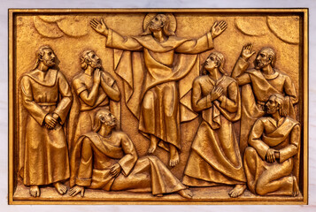 The Ascension of Jesus into Heaven – Second Glorious Mystery. A relief sculpture in the Basilica...