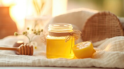Closeup of a freshly lemon, p next to a jar of honey and a sheet mask, to represent a DIY natural skincare ritual.