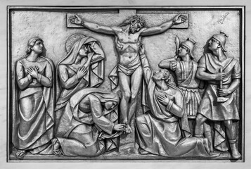 The Crucifixion and Death of Jesus – Fifth Sorrowful Mystery. A relief sculpture in the Basilica of Our Lady of the Rosary of Fatima. 10 Aug 2023.