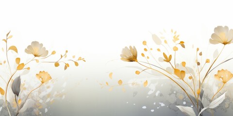 Generative AI image of minimalist style watercolor artwork with gold leaves and flowers
