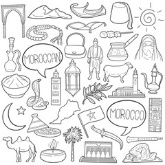 Moroccan Doodle Icons Black and White Line Art. Morocco Clipart Hand Drawn Symbol Design.