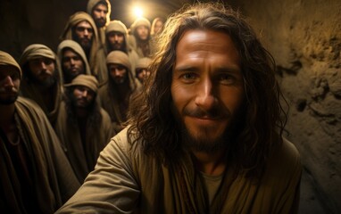 In serene tableau, Jesus Christ and disciples gather, radiating divine harmony. Scene captures essence of spiritual teachings and the sacred camaraderie among these central figures of Christian faith.