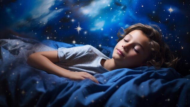Generative AI image of kid sleeping under the stars on the bed with blue blanket