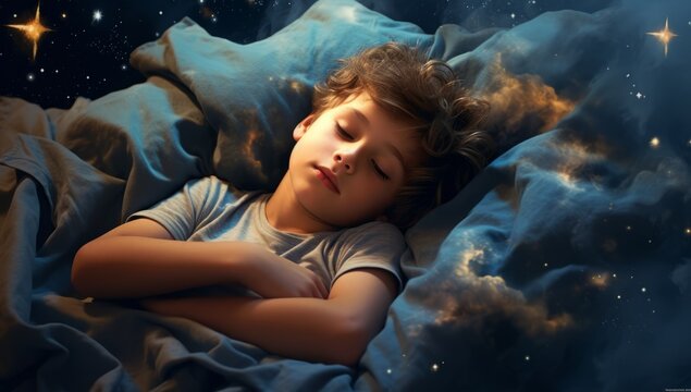 Generative AI image of kid sleeping under the stars on the bed with blue blanket