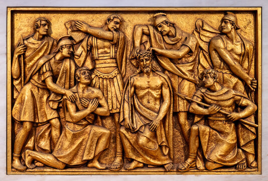 The Crowning With Thorns &ndash; Third Sorrowful Mystery. A relief sculpture in the Basilica of Our Lady of the Rosary of Fatima. 10 Aug 2023.