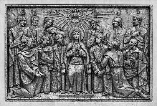 The Descent of the Holy Spirit – Third Glorious Mystery. A relief sculpture in the Basilica of Our Lady of the Rosary of Fatima in Fatima, Portugal. 10 Aug 2023. - Powered by Adobe