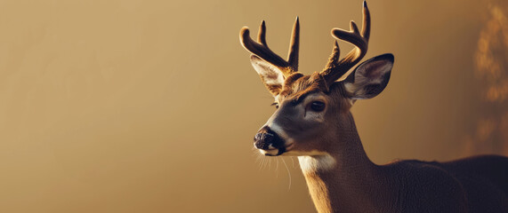 A detailed shot of a deer's head with thin antlers is presented.