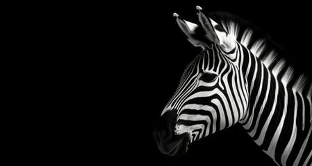 A zebra, with its unique stripes, is shown in a high-contrast black and white photo.