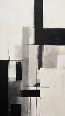 A black and white abstract painting with squares and rectangles