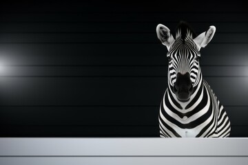 A zebra, with its distinctive stripes, is shown looking at the camera against a black background.