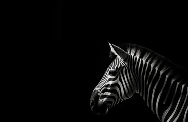 Fototapeta na wymiar A zebra, with its distinctive stripes, is shown in a monochromatic airbrush painting on a black background.
