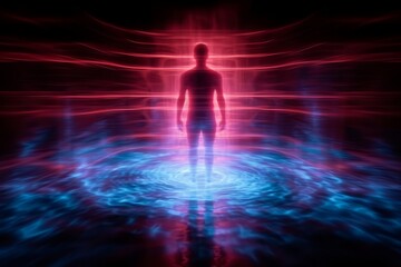 A man stands in water, his aura glowing dark red, suggesting mystical powers and an interdimensional presence.