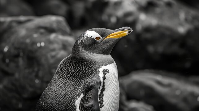 A penguin with a long, shiny yellow beak has a serene expression in a black and white photo.